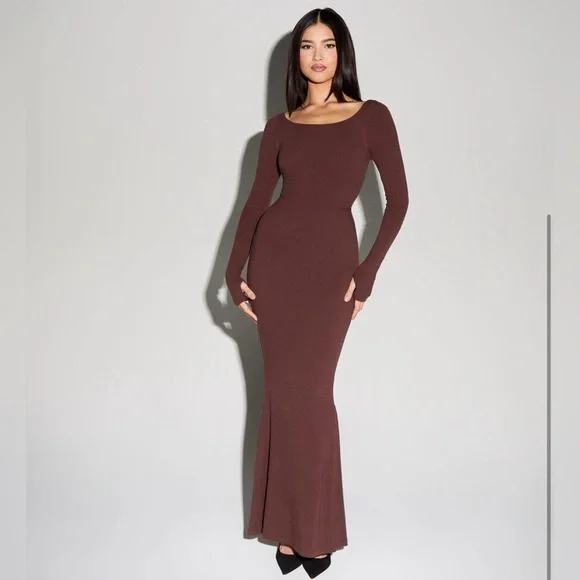 TA3 Brown Scoopy Long Sleeve Dress - Picture 3 of 5